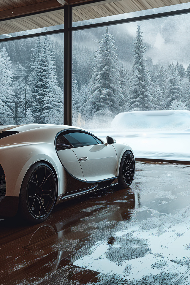 Автомобиль Bugatti Chiron Cozy в комнате зимой
