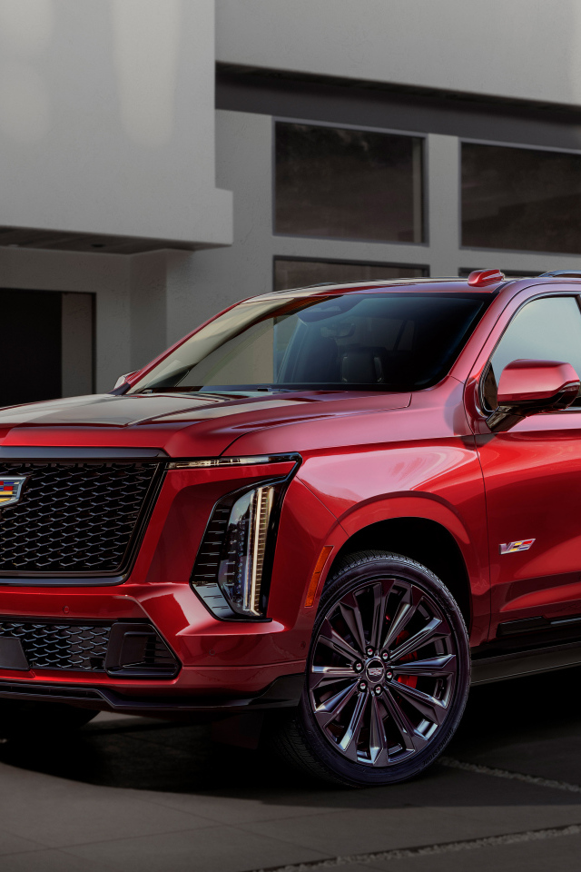 Красный Cadillac Escalade-V 2025 года вид спереди