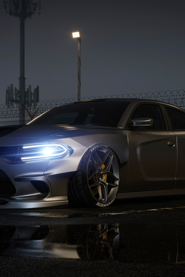 Автомобиль Dodge Charger CGI с включенными фарами