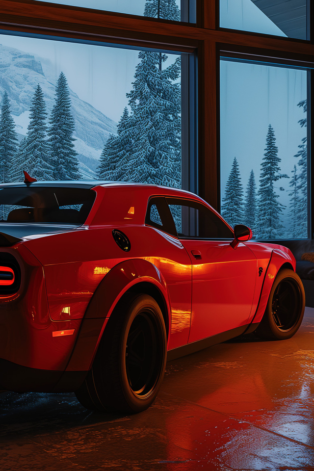 Вид сзади на красный автомобиль Dodge Challenger SRT Demon