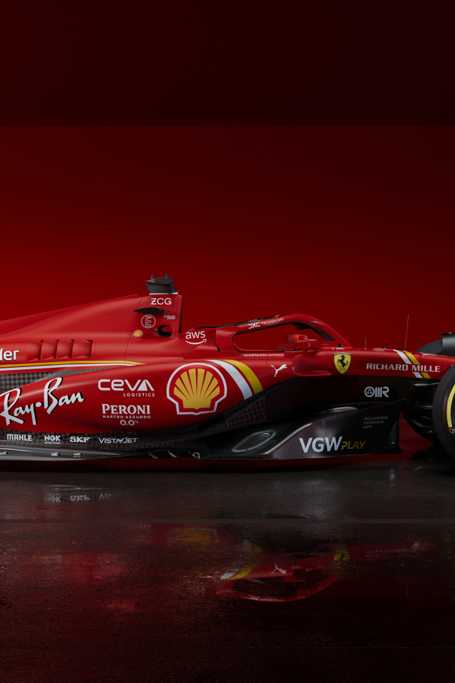 Красный гоночный автомобиль Ferrari SF-24 2024 года вид сбоку