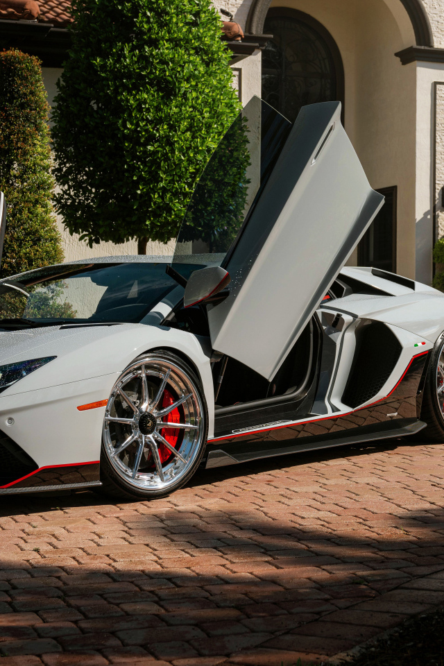 Серый автомобиль Lamborghini Aventador с открытыми дверями