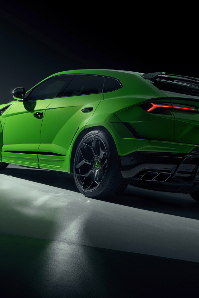 Зеленый автомобиль Lamborghini Urus  вид сзади