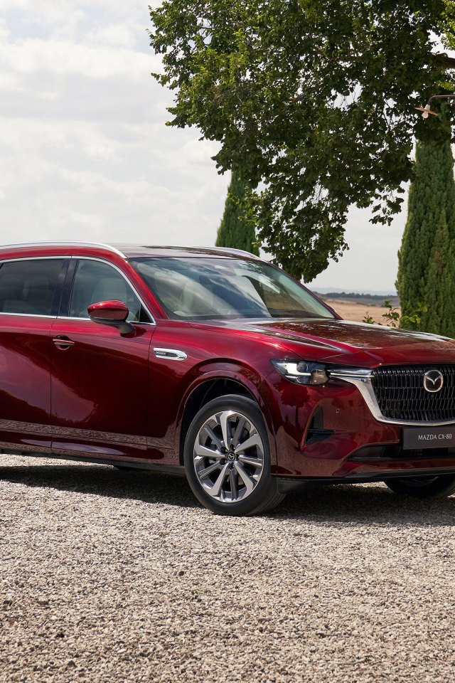 Бордовый автомобиль  Mazda CX-80 E-Skyactiv PHEV AWD 2024 года