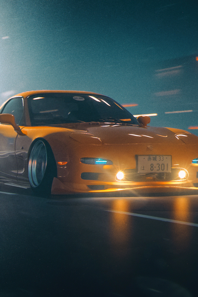 Желтый автомобиль Mazda RX-7 JDM