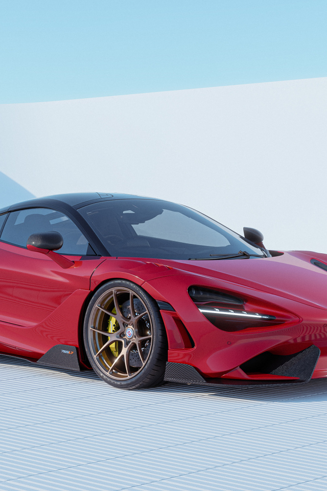 Красный автомобиль  McLaren 765LT CGI на сером фоне