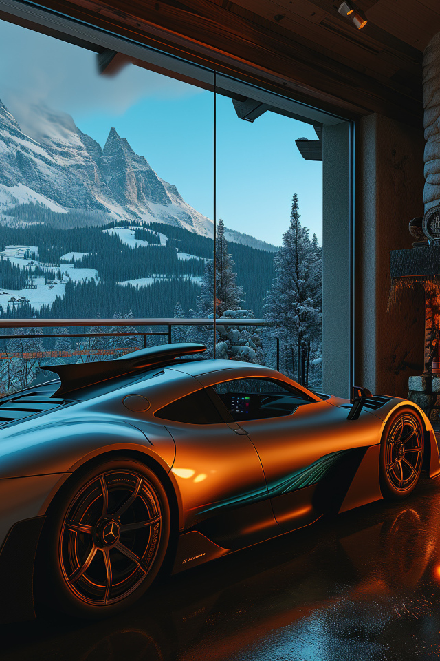 Автомобиль Mercedes-AMG ONE в комнате с камином