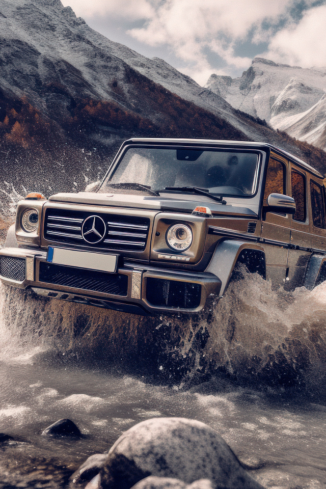 Автомобиль Mercedes-Benz G63 AMG едет по реке