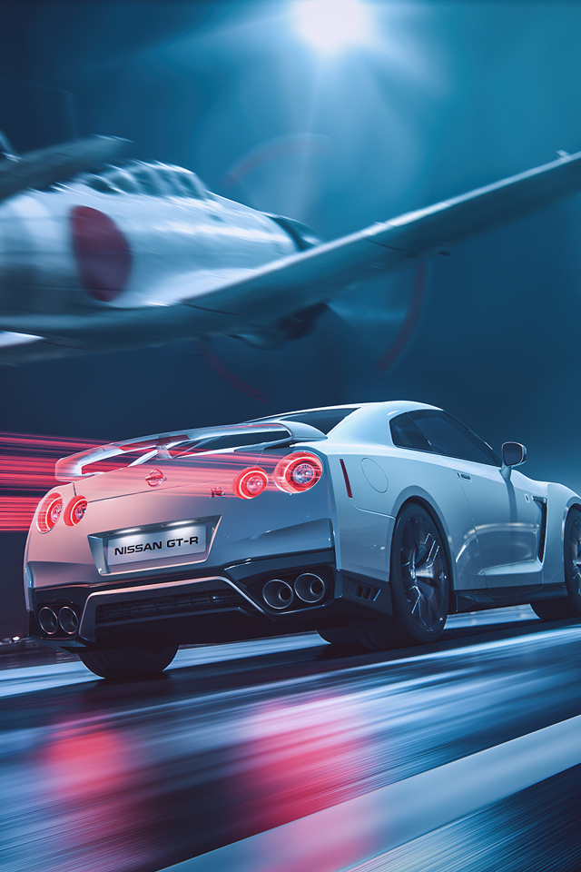 Самолет пролетает над автомобилем Nissan GT-R