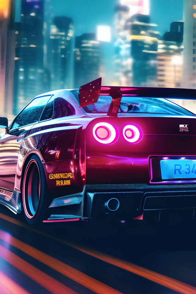 Вид сзади на автомобиль Nissan Skyline R34