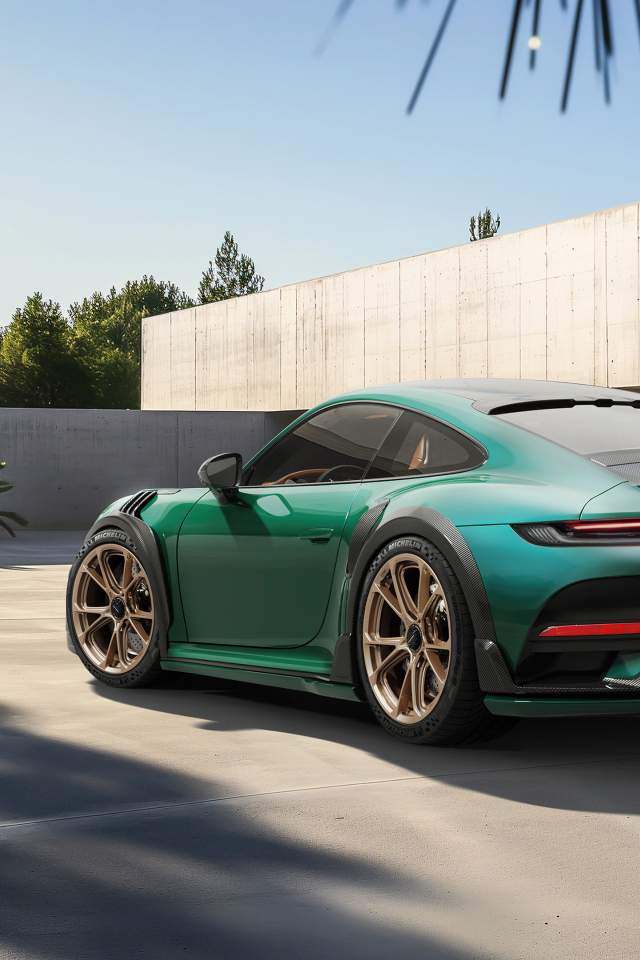 Зеленый автомобиль TechArt GTstreet R Touring вид сзади