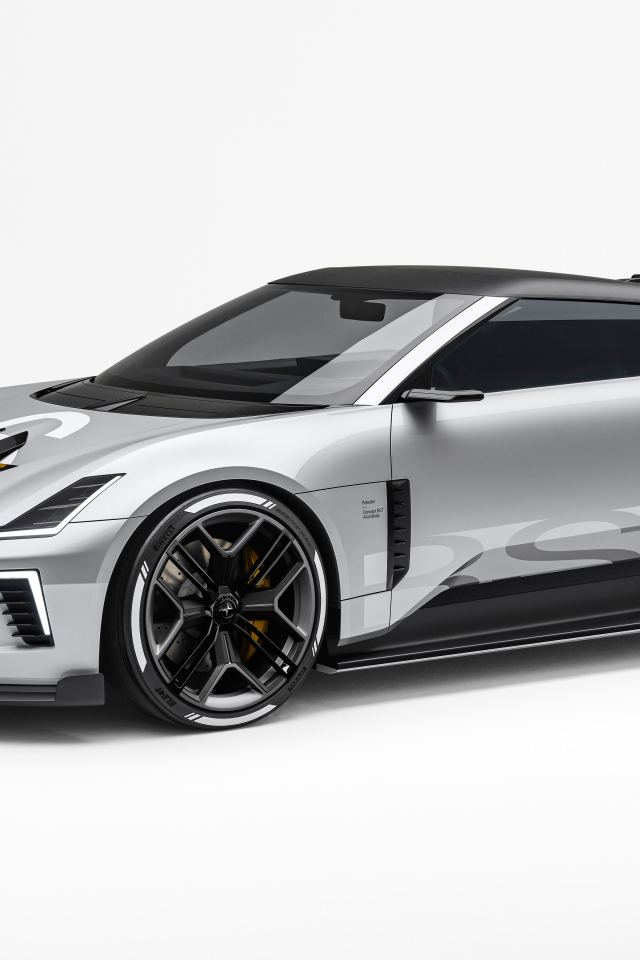 Серебристый автомобиль Polestar Concept BST 2024 года на белом фоне