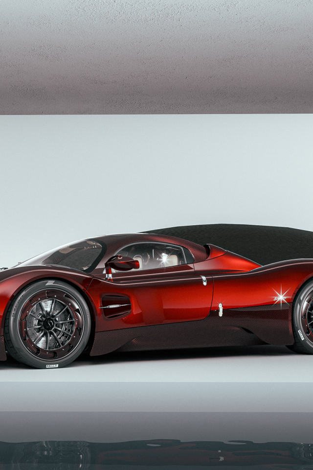 Вид сбоку на красный автомобиль  Pagani Utopia