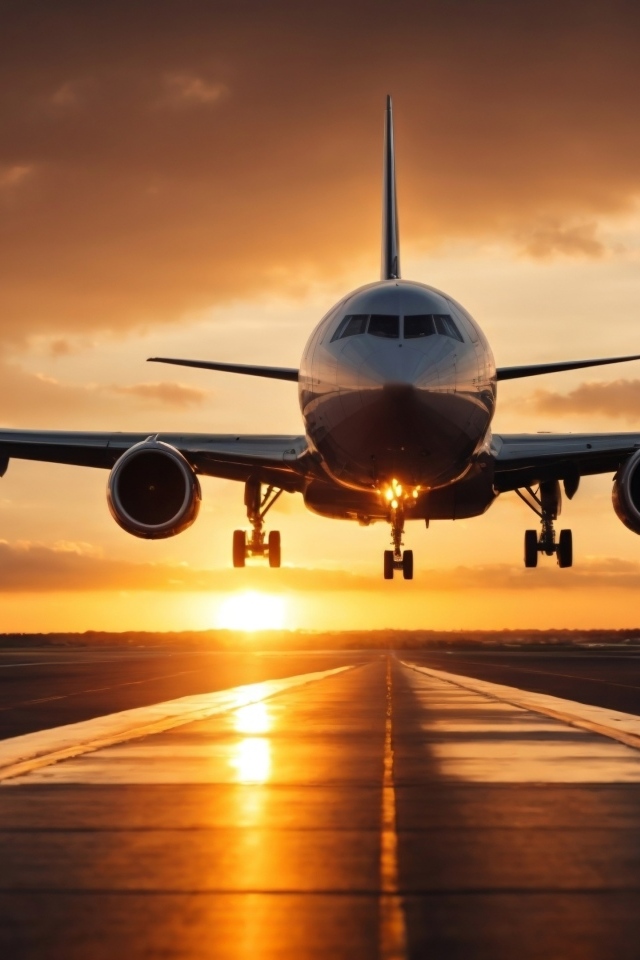 Большой пассажирский самолет взлетает на закате