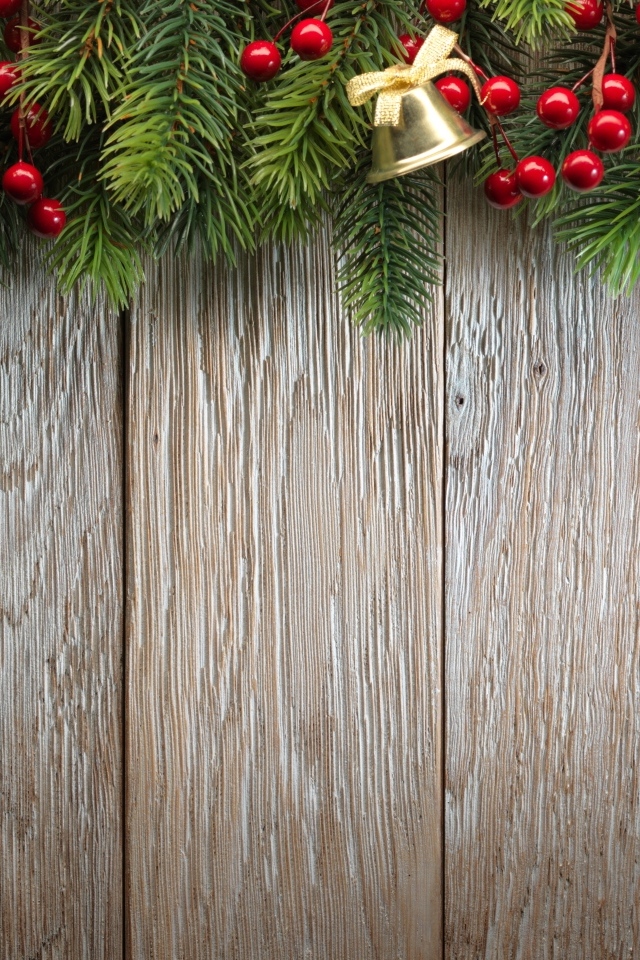 Деревянный новогодний фон с еловой веткой и колокольчиками