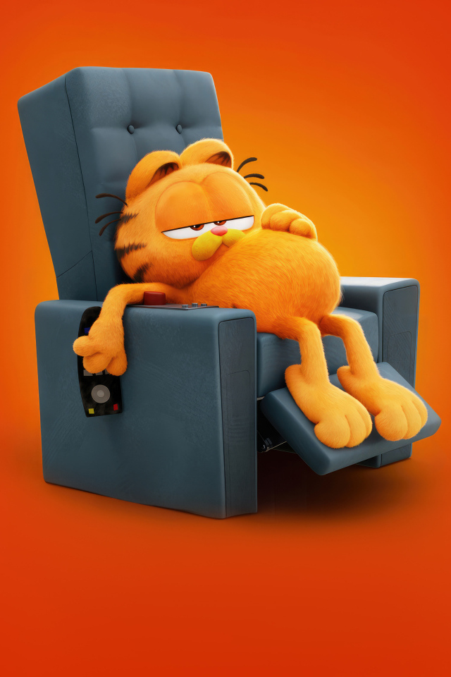 Кот в кресле на оранжевом фоне новый фильм Гарфилд в кино, 2024