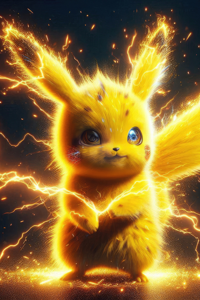 Желтый покемон Пикачу в разрядах молнии