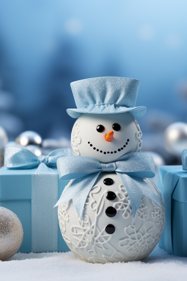 Снеговик с подарками и еловыми игрушками на Рождество