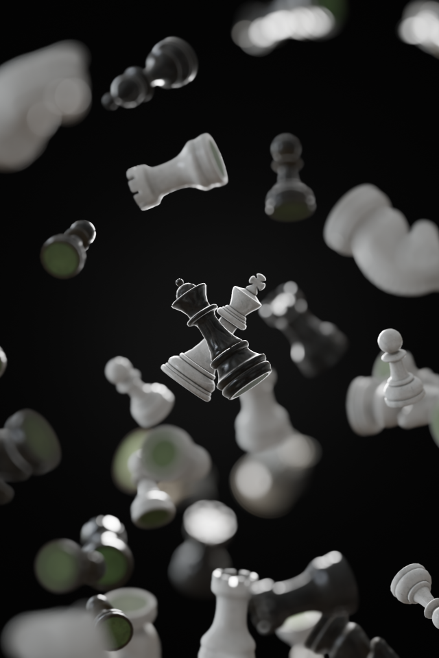Черные и белые шахматные фигуры парят в воздухе