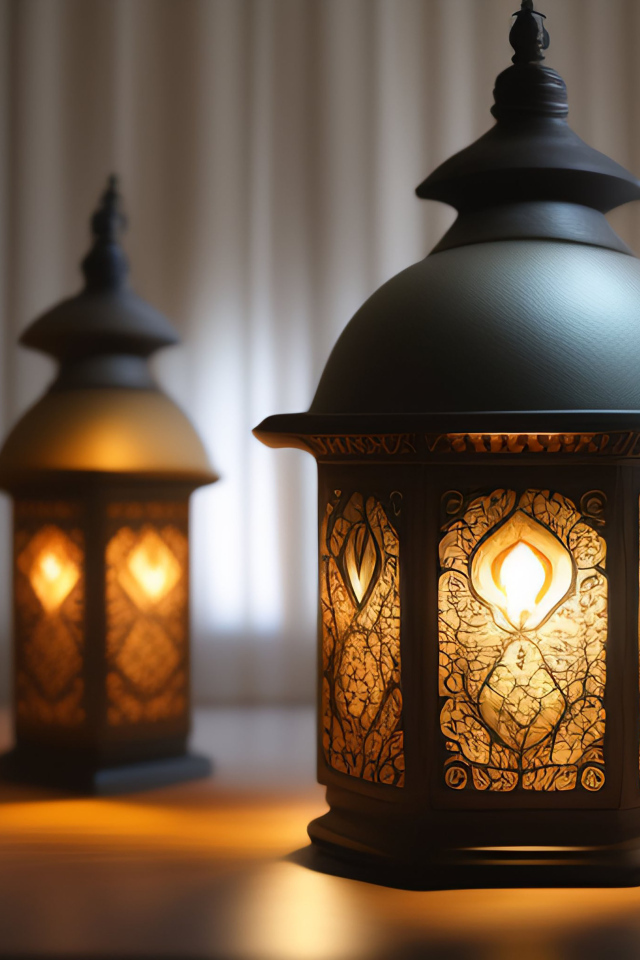 Два зажженных фонаря стоят на столе