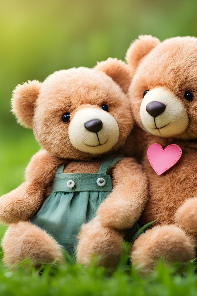 Два игрушечных медвежонка сидят на траве