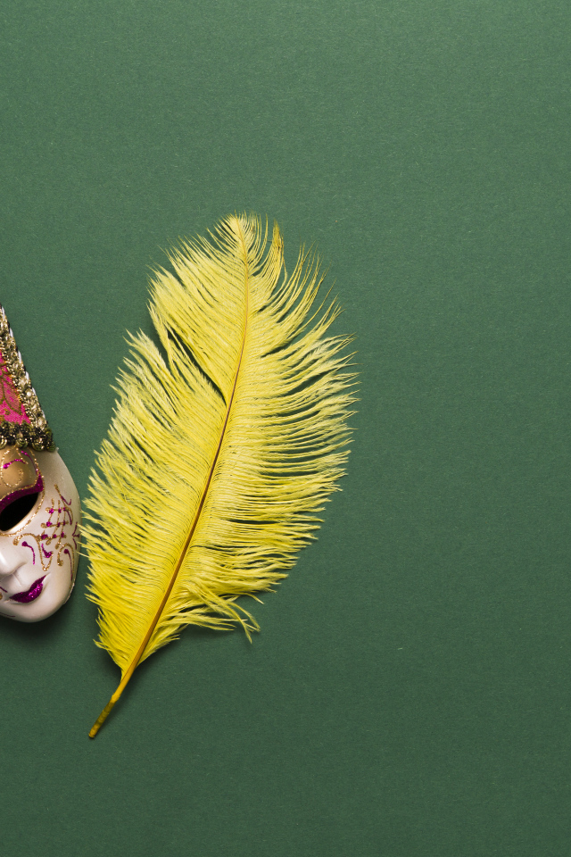 Венецианская маска и желтое перо на зеленом фоне