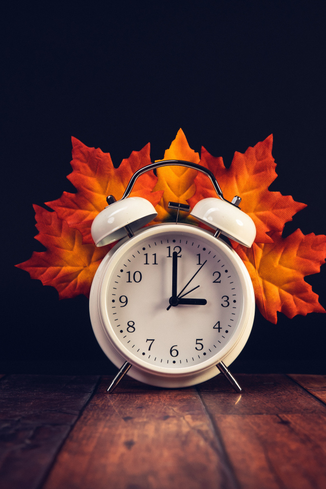 Белый будильник с оранжевыми листьями на столе