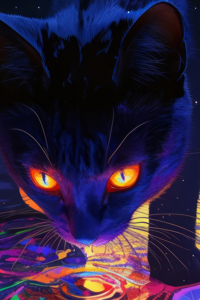 Черный кот с яркими оранжевыми глазами идет по воде