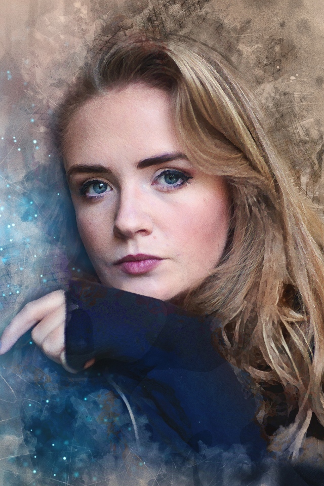 Красивая голубоглазая девушка на нарисованном фоне