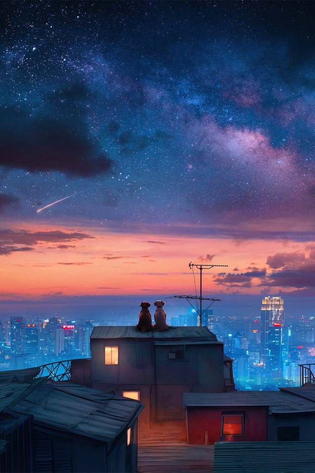 Красивое ночное небо над городскими небоскребами