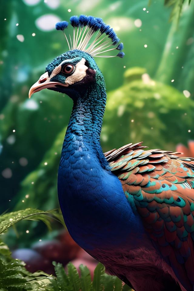 Красивый нарисованный павлин в лесу
