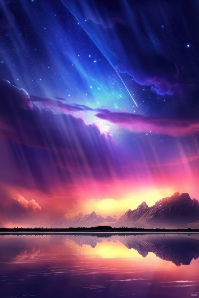 Красивое нарисованное небо с облаками над водой