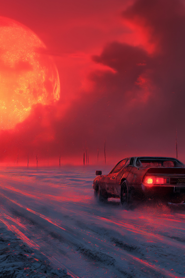 Автомобиль на дороге на фоне огненной луны
