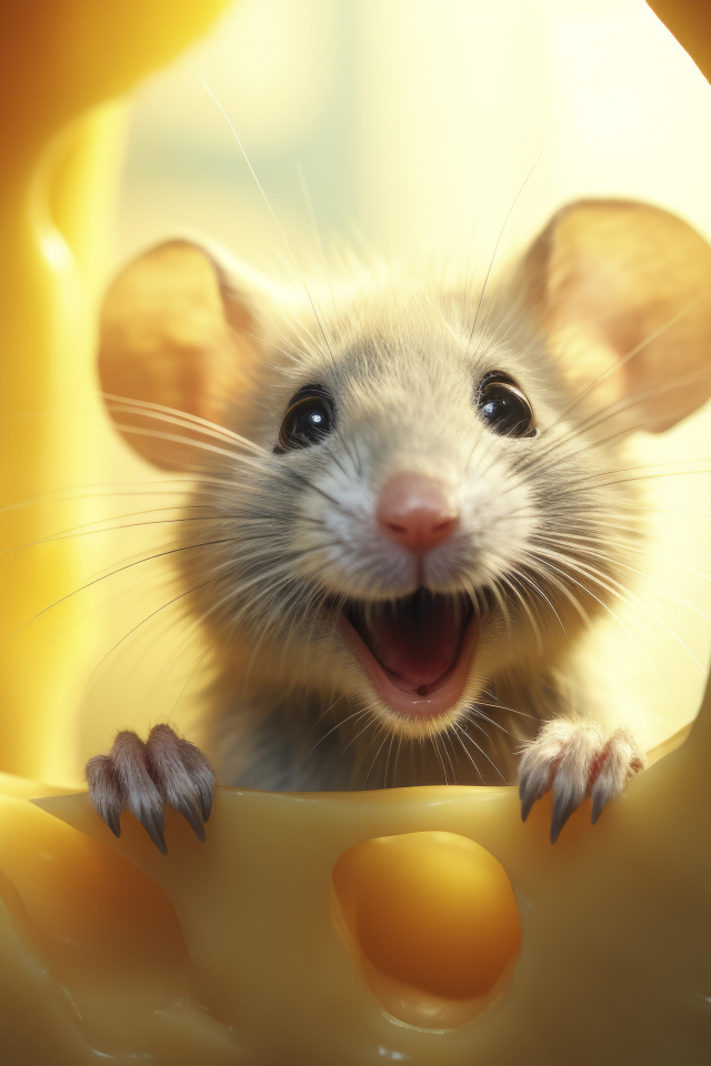 Веселый мышонок с куском сыра