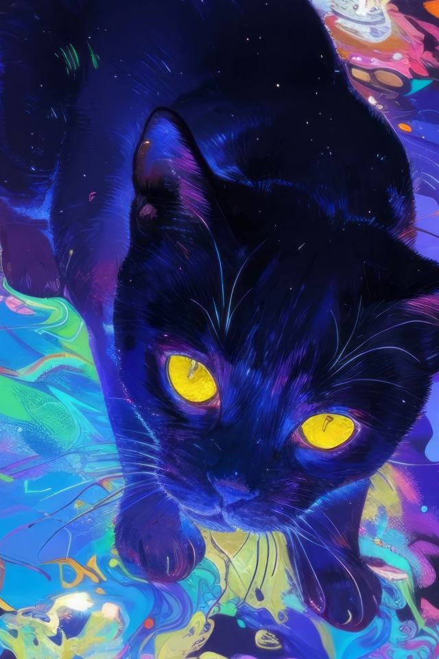 Нарисованный черный кот с желтыми глазами