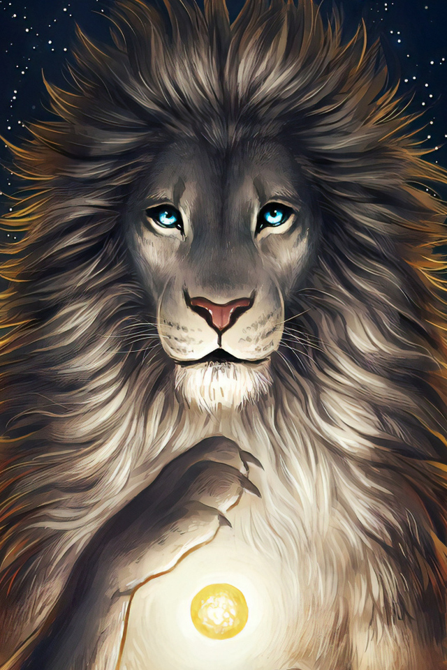 Нарисованный голубоглазый лев на фоне неба