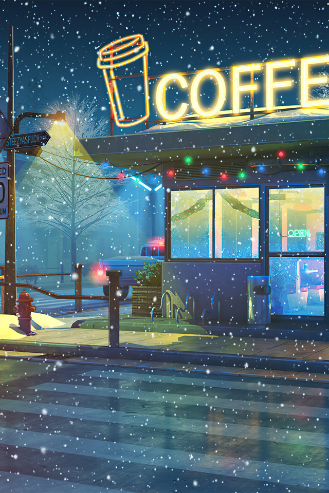 Нарисованное кафе ночью зимой