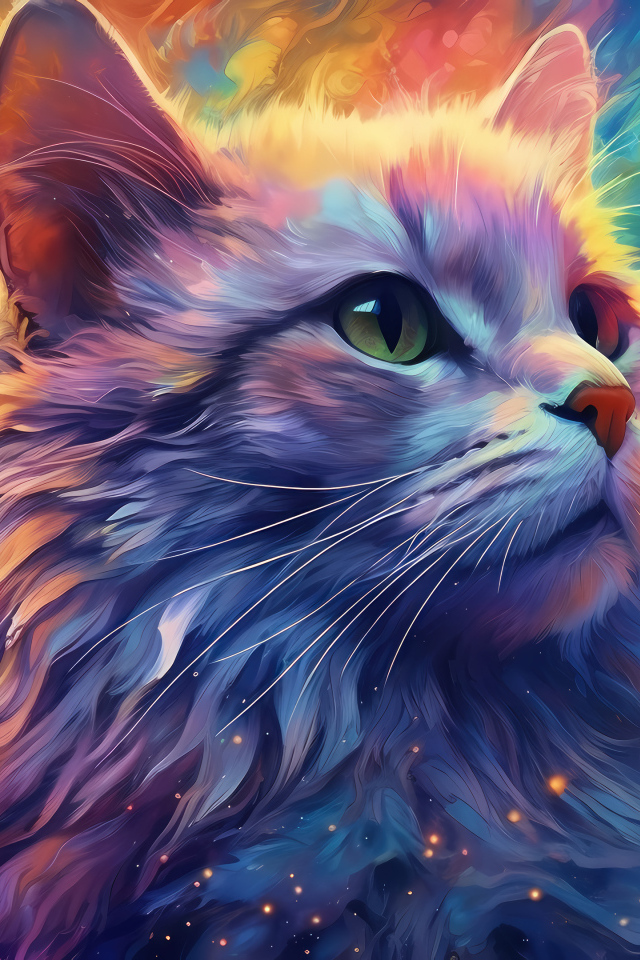 Нарисованная голова кота на разноцветном фоне