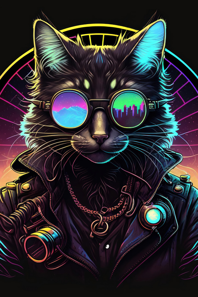 Нарисованный кот в очках и кожаной куртке