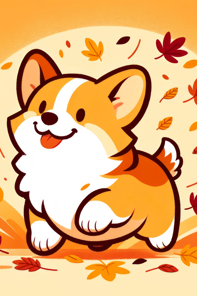 Нарисованный веселый корги с листьями