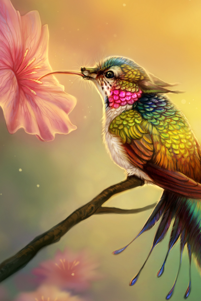 Нарисованная фантастическая птица колибри у цветка