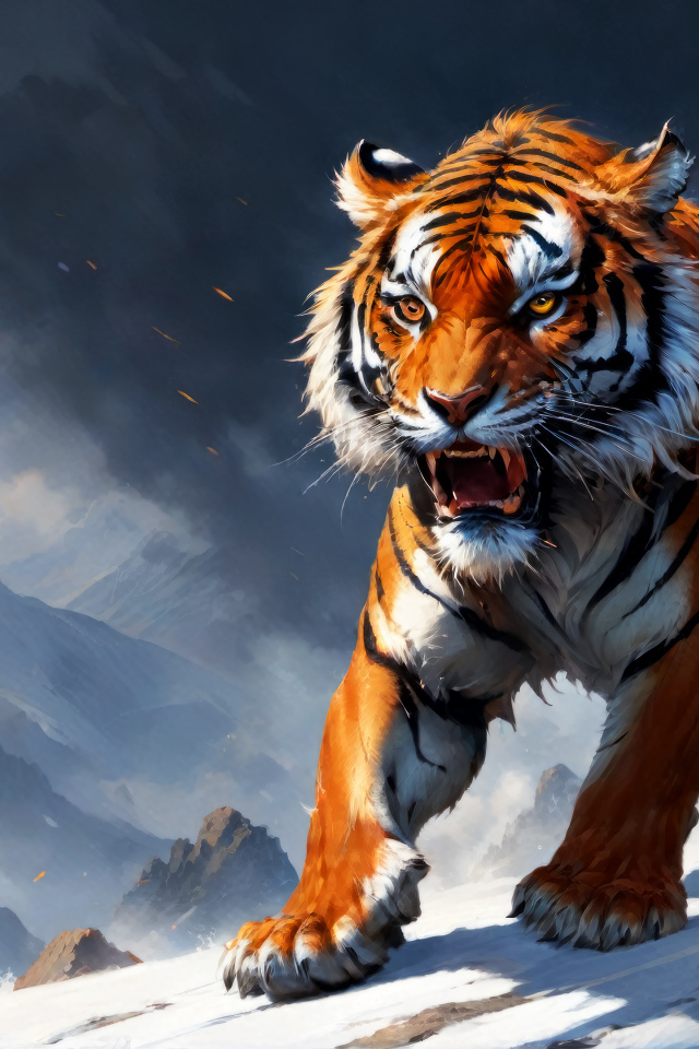 Нарисованный свирепый тигр в заснеженных горах