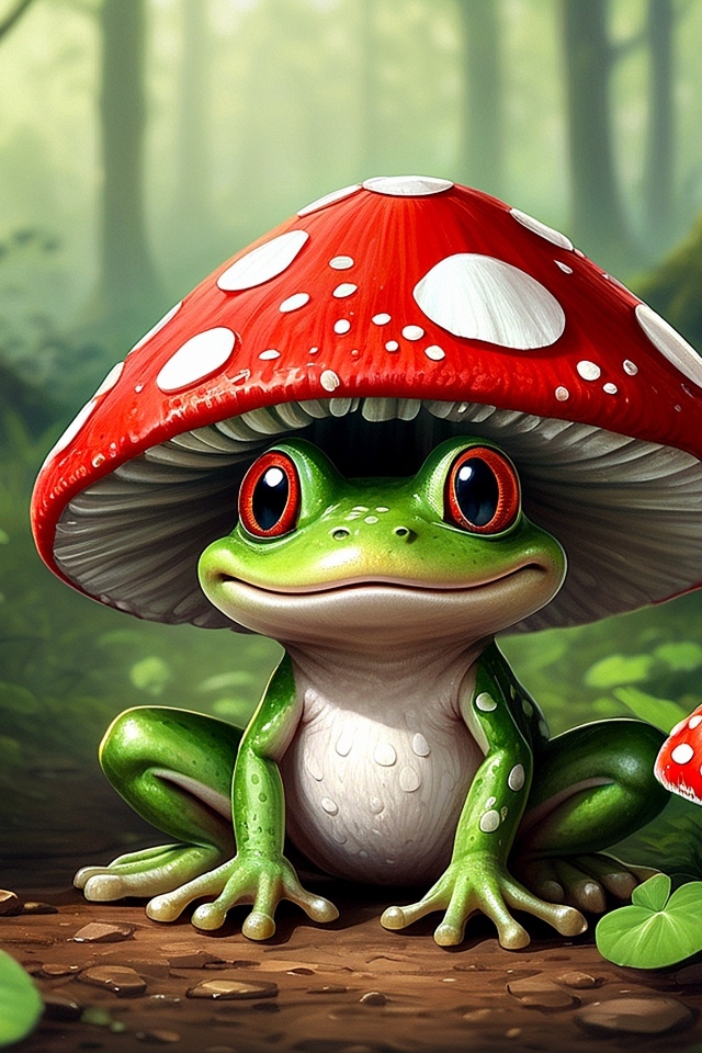 Нарисованная зеленая лягушка с мухомором на голове