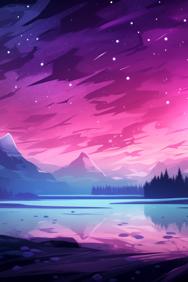 Нарисованные горы с розовым небом ночью