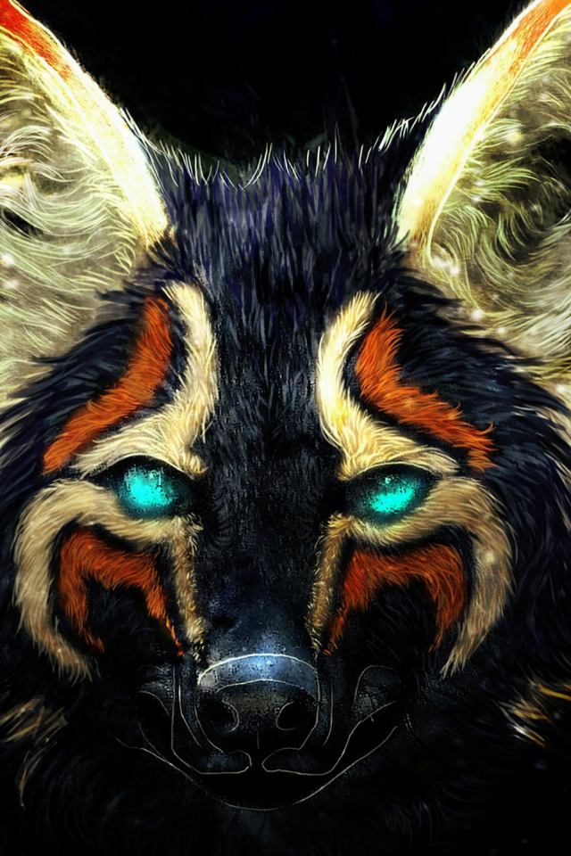 Нарисованная разноцветная лиса на черном фоне