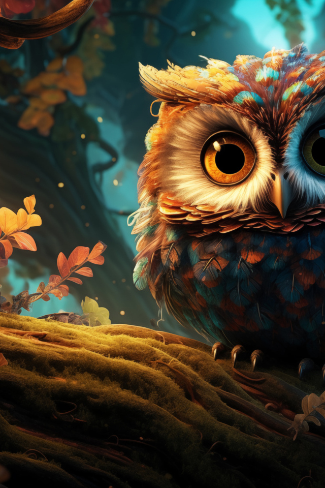 Нарисованная сова на ветке дерева в лесу