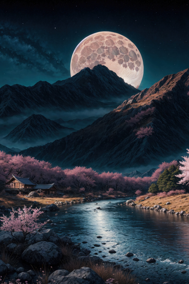 Нарисованная река с горой на фоне луны