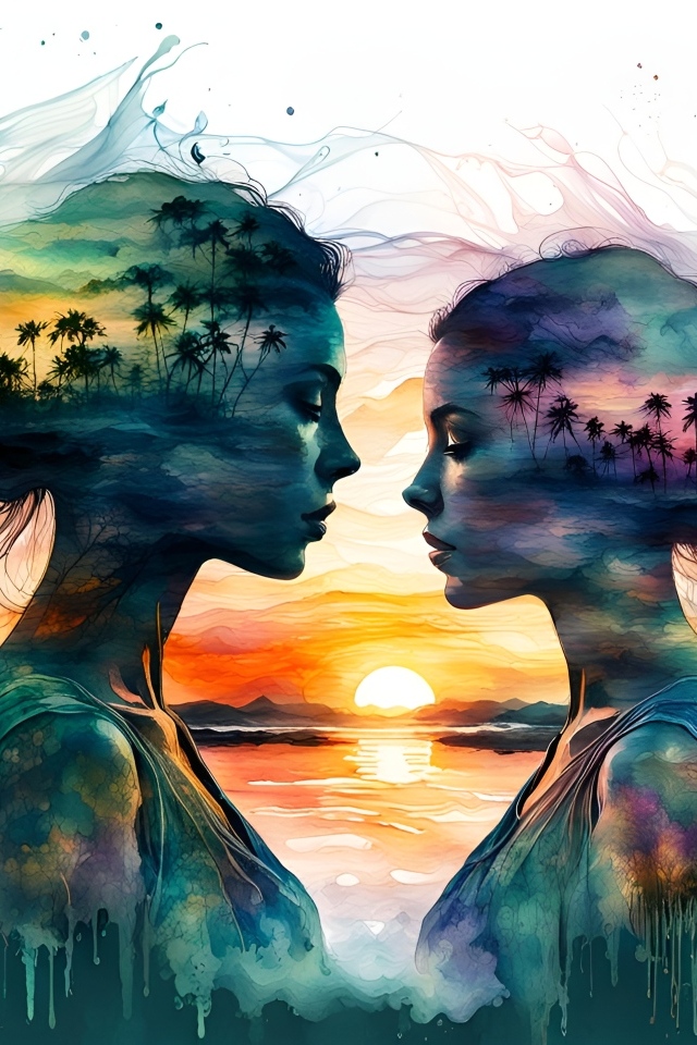 Нарисованные силуэты девушек на фоне природы