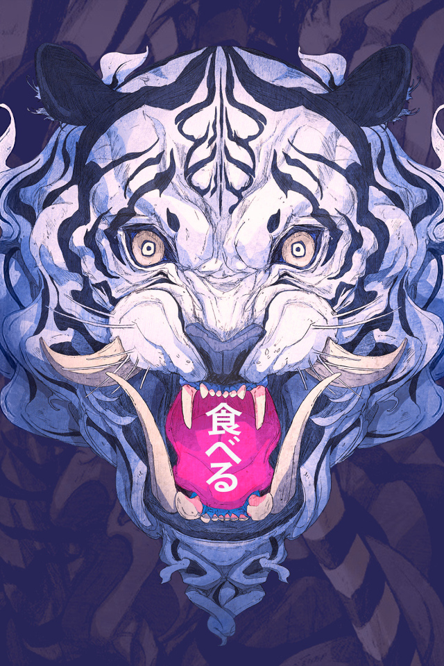 Нарисованный белый тигр с иероглифами