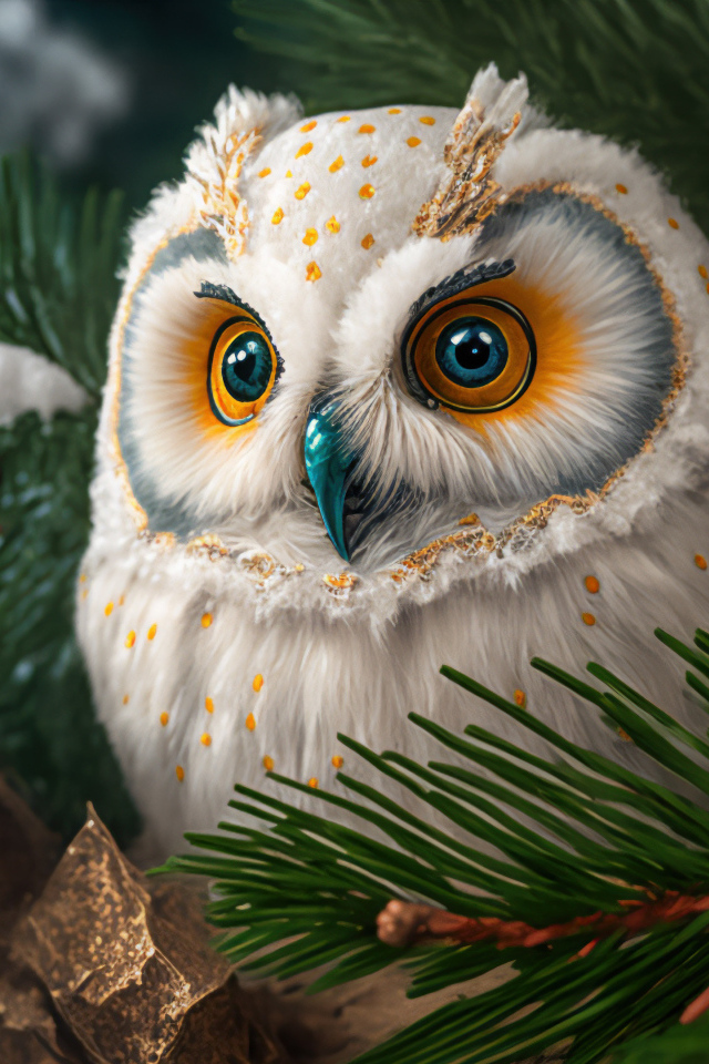 Большая нарисованная сова в сосновых  ветках